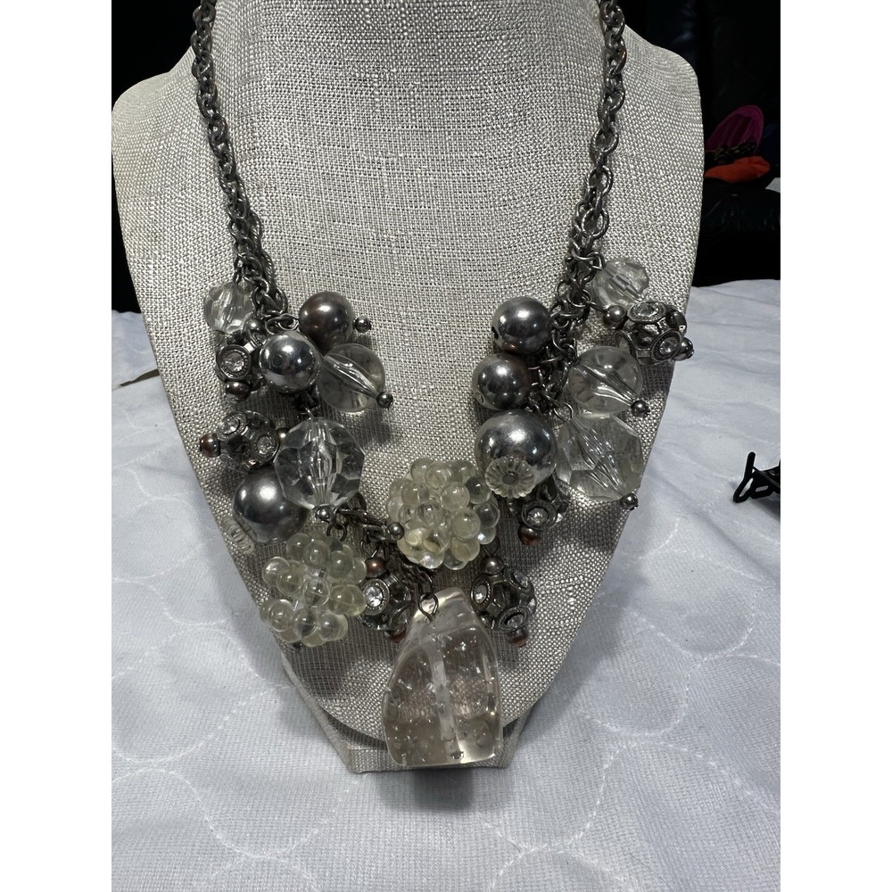 Vintage Necklace Chunky Crystal Gray Beads +‎ Faux Pearls Adjustable